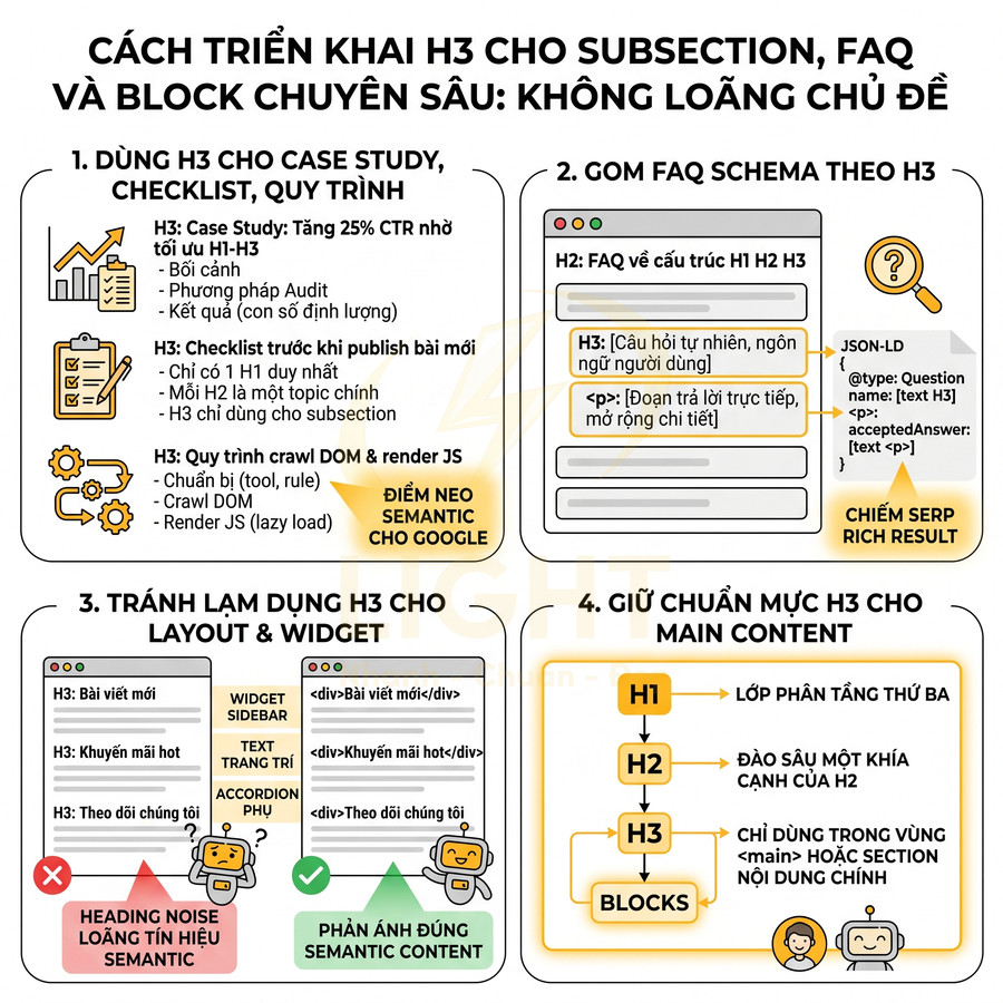Hướng dẫn triển khai thẻ H3 cho subsection, FAQ và block nội dung chuyên sâu tối ưu SEO và semantic cho website