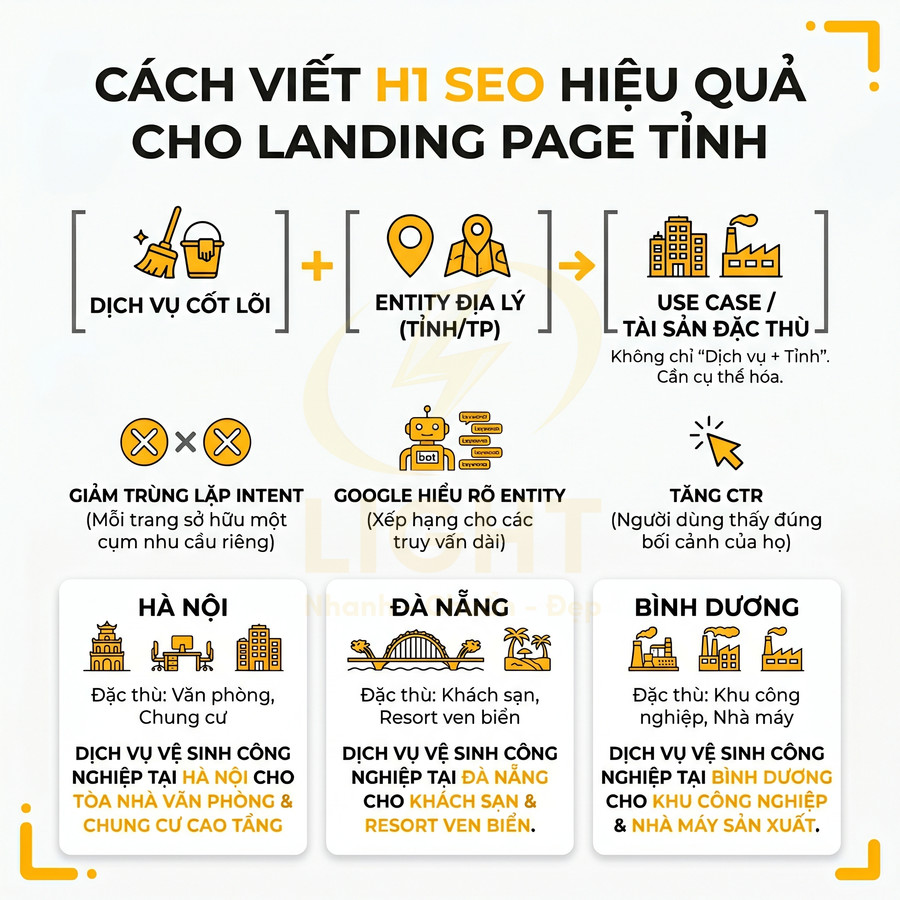 Hướng dẫn viết H1 SEO hiệu quả cho landing page tỉnh với ví dụ dịch vụ vệ sinh công nghiệp tại Hà Nội Đà Nẵng Bình Dương