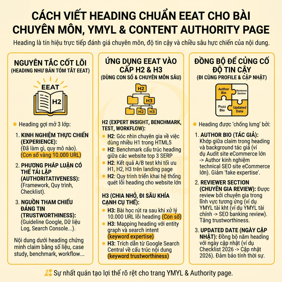 Infographic hướng dẫn cách viết heading chuẩn EEAT cho bài chuyên môn, YMYL và content authority page