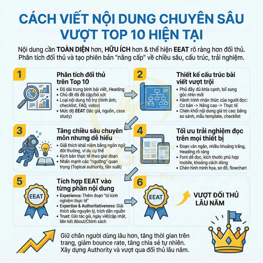 Hướng dẫn từng bước viết nội dung chuyên sâu chuẩn SEO vượt top 10, tối ưu EEAT và trải nghiệm người đọc