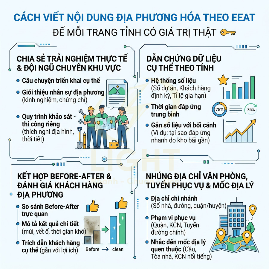 Infographic hướng dẫn cách viết nội dung địa phương hóa theo EEAT với các mục chia sẻ trải nghiệm, dữ liệu và địa chỉ dịch vụ