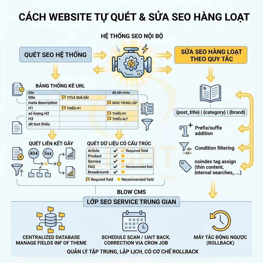 Sơ đồ quy trình hệ thống tự quét và sửa lỗi SEO onpage hàng loạt cho website