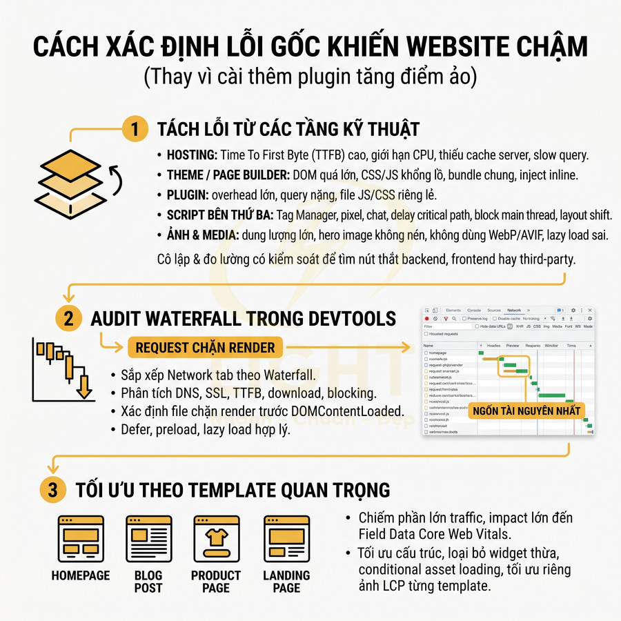 Hướng dẫn xác định lỗi gốc khiến website chậm và tối ưu tốc độ tải trang bằng DevTools và template quan trọng