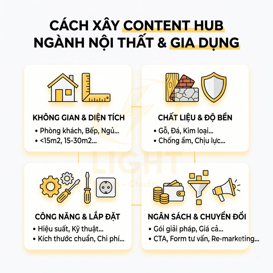 Hướng dẫn xây content hub cho ngành nội thất gia dụng với 4 nhóm chủ đề và icon minh họa
