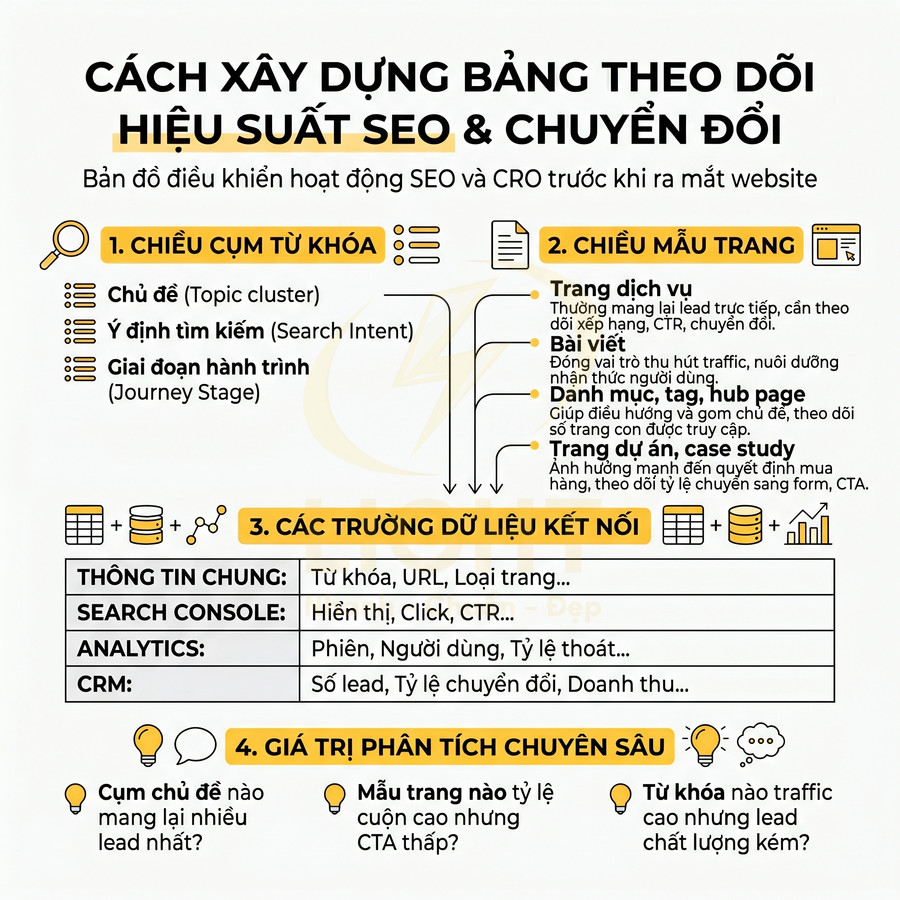 Hướng dẫn xây dựng bảng theo dõi hiệu suất SEO và chuyển đổi với cụm từ khóa, mẫu trang và dữ liệu phân tích