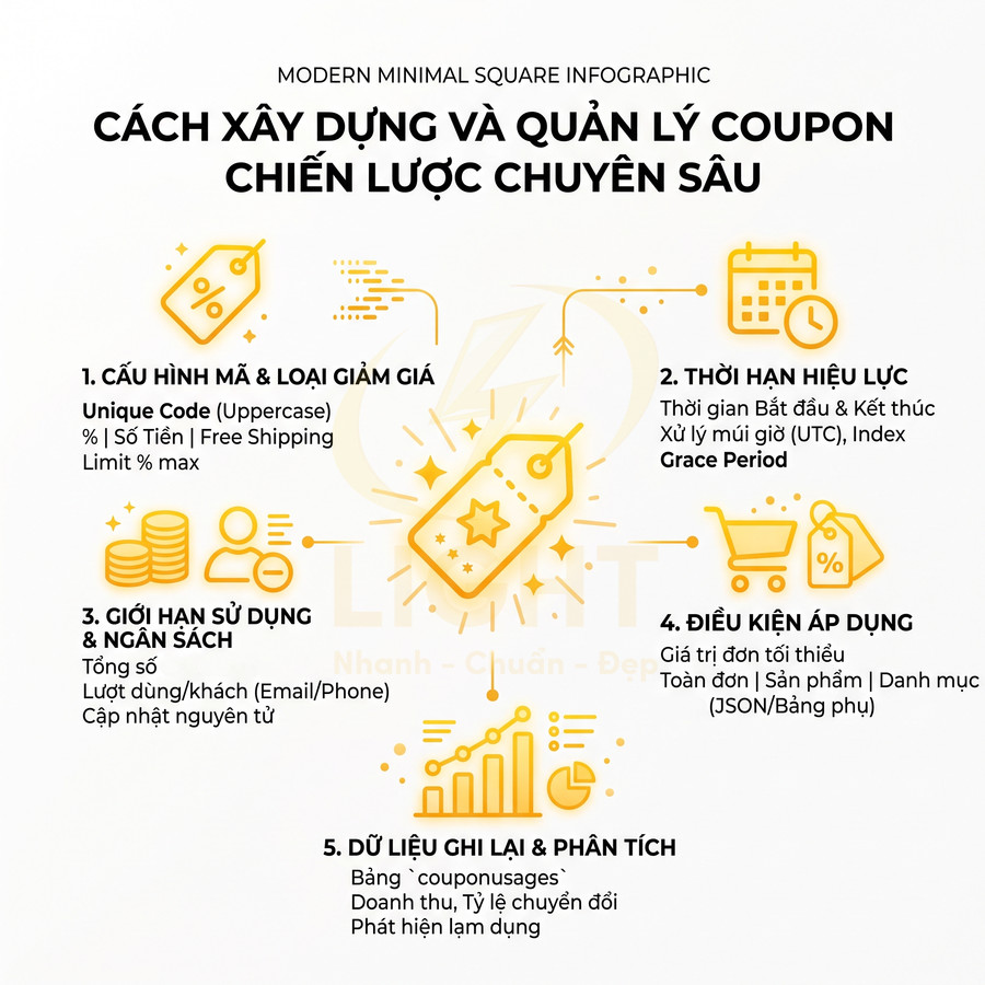 Infographic hướng dẫn cách xây dựng và quản lý coupon giảm giá với 5 bước chiến lược chi tiết