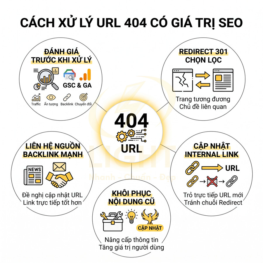 Hướng dẫn xử lý URL 404 có giá trị SEO với các bước đánh giá, redirect 301, cập nhật internal link, khôi phục nội dung