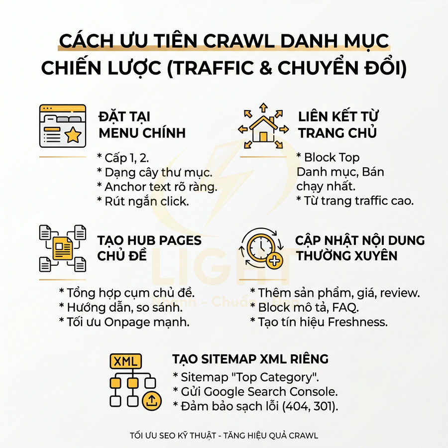 Hướng dẫn ưu tiên crawl danh mục chiến lược trong SEO với menu chính, hub pages, sitemap XML và cập nhật nội dung