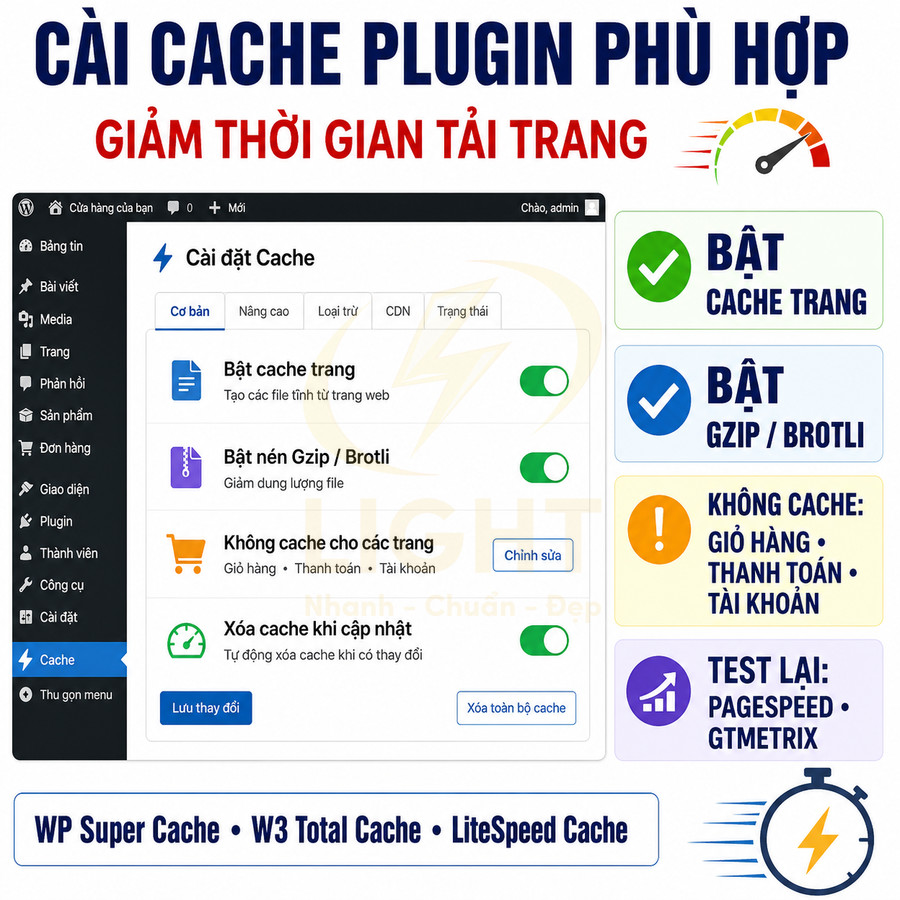 Hướng dẫn cài đặt plugin cache WordPress bật cache trang, nén Gzip Brotli và cấu hình loại trừ giỏ hàng thanh toán