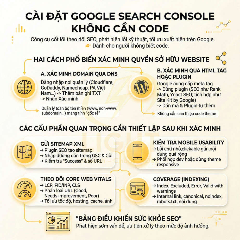 Hướng dẫn cài đặt Google Search Console không cần code và các bước tối ưu SEO cơ bản cho website