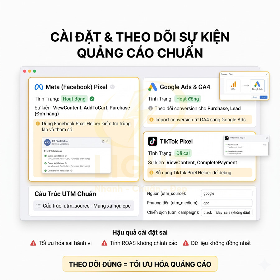 Giao diện hướng dẫn cài đặt và theo dõi sự kiện quảng cáo chuẩn cho Meta Pixel, Google Ads GA4 và TikTok Pixel