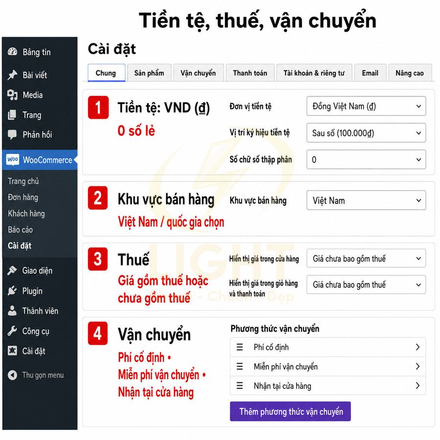 Cài đặt tiền tệ thuế và vận chuyển trong WooCommerce với đơn vị VND và khu vực bán hàng Việt Nam