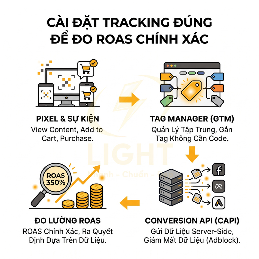 Hướng dẫn thiết lập tracking chuẩn với pixel, GTM, conversion API để đo lường ROAS chính xác trong quảng cáo online