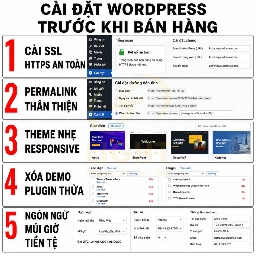 Hướng dẫn 5 bước cài đặt WordPress trước khi bán hàng với SSL, permalink, theme, plugin và thiết lập cửa hàng