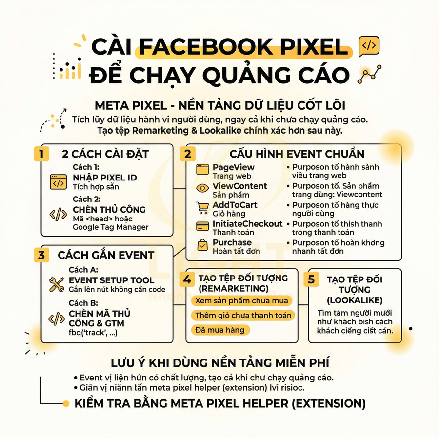 Hướng dẫn cài Facebook Pixel và cấu hình event chuẩn để chạy quảng cáo, tạo tệp remarketing và lookalike