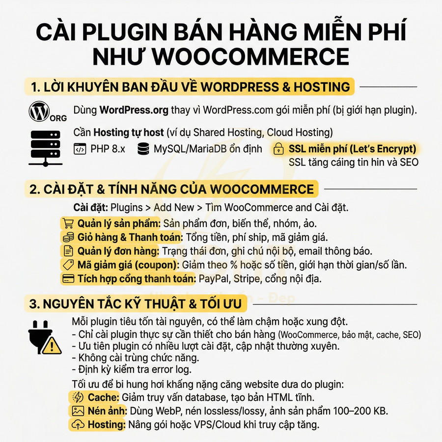 Hướng dẫn cài plugin bán hàng miễn phí như WooCommerce trên WordPress và tối ưu kỹ thuật, tính năng quản lý shop online