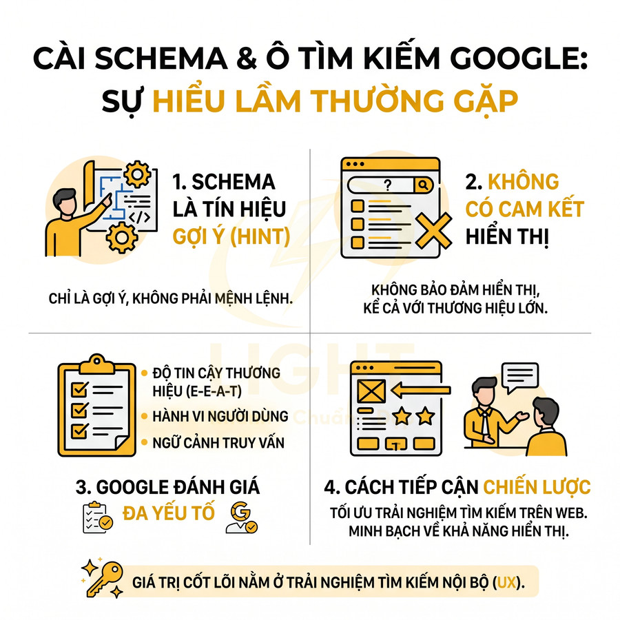 Infographic giải thích hiểu lầm về cài schema và ô tìm kiếm Google, nhấn mạnh tín hiệu gợi ý và trải nghiệm người dùng UX