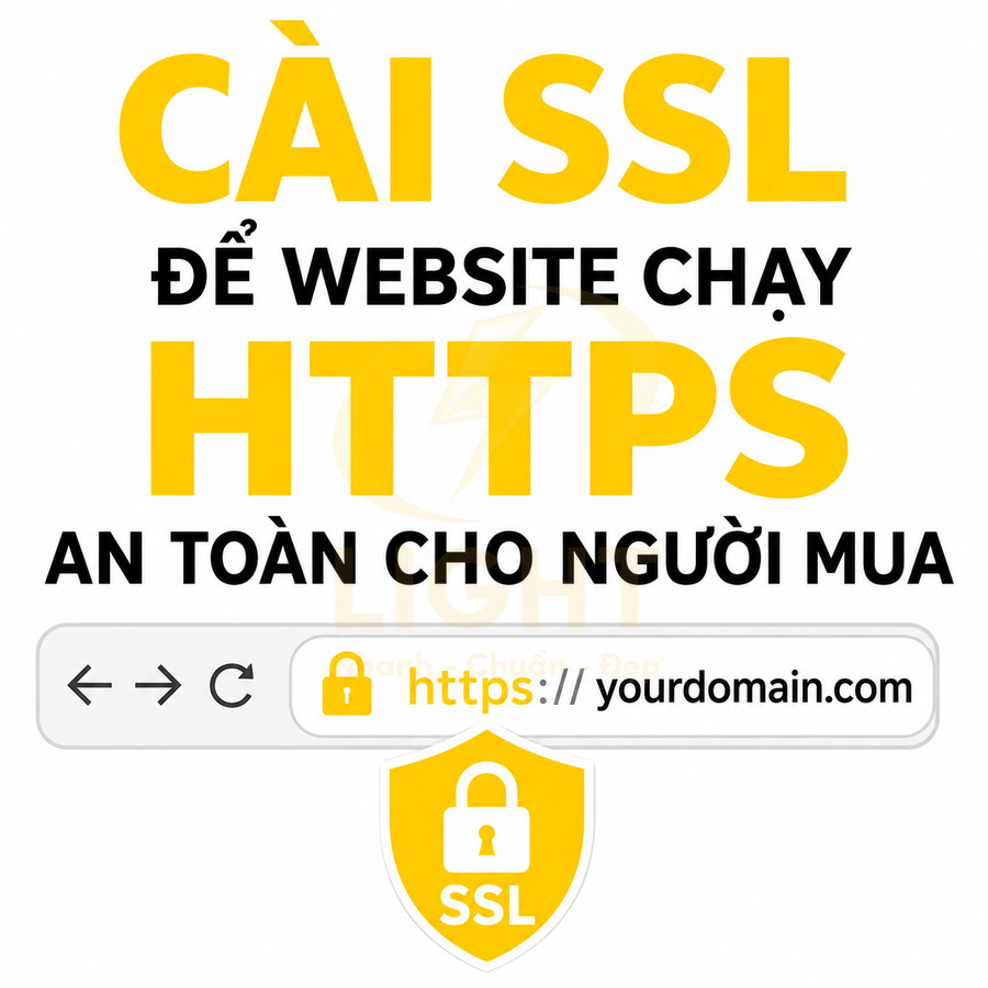Banner hướng dẫn cài SSL để website chạy HTTPS an toàn cho người mua với biểu tượng ổ khóa bảo mật
