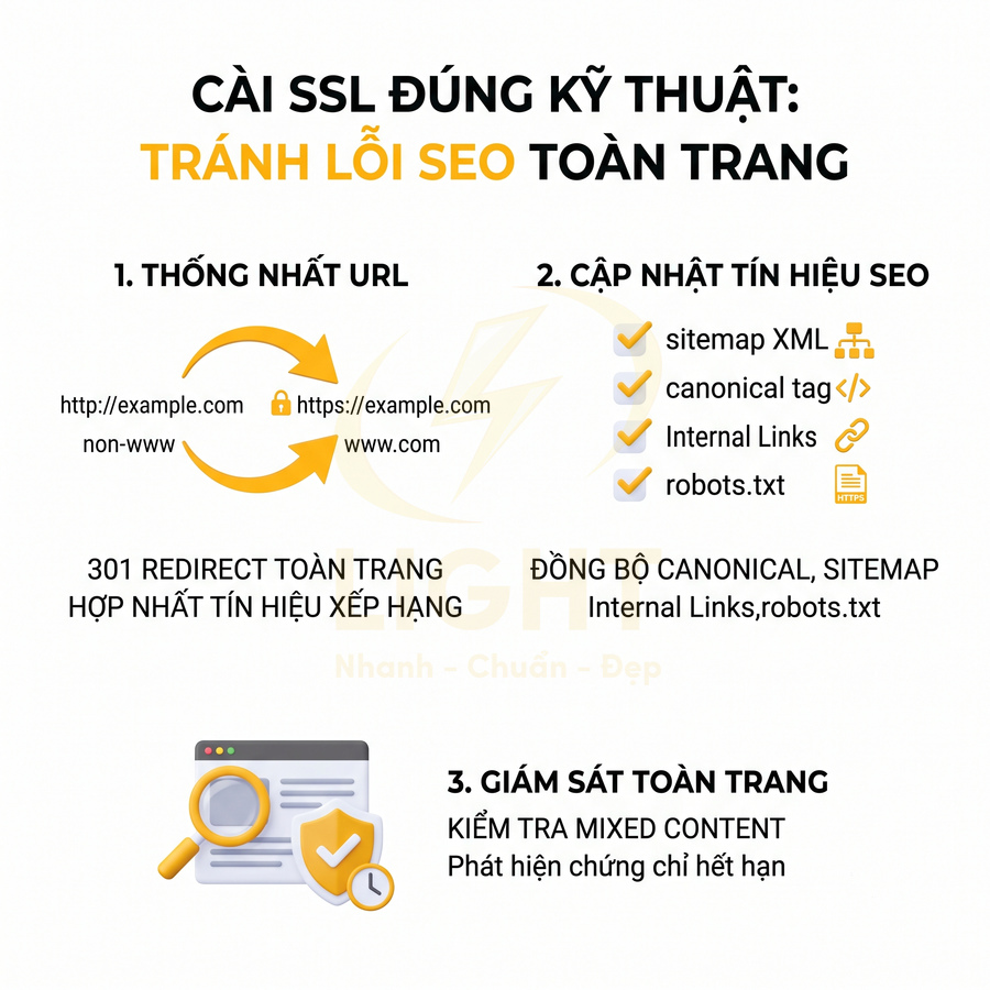 Hướng dẫn cài SSL đúng kỹ thuật để tránh lỗi SEO toàn trang với thống nhất URL, cập nhật tín hiệu SEO và giám sát website