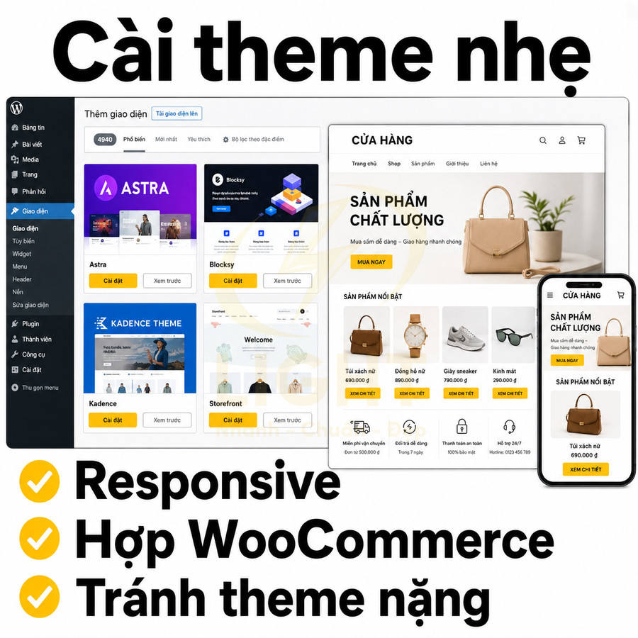 Giao diện WordPress với các theme Astra, Blocksy, Kadence cho cửa hàng online responsive trên máy tính và điện thoại