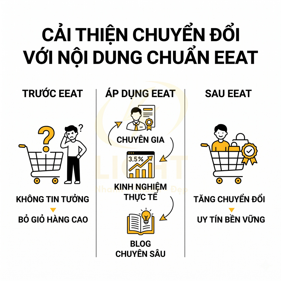 Minh họa quy trình áp dụng nội dung chuẩn EEAT giúp tăng chuyển đổi và uy tín bền vững trong bán hàng online