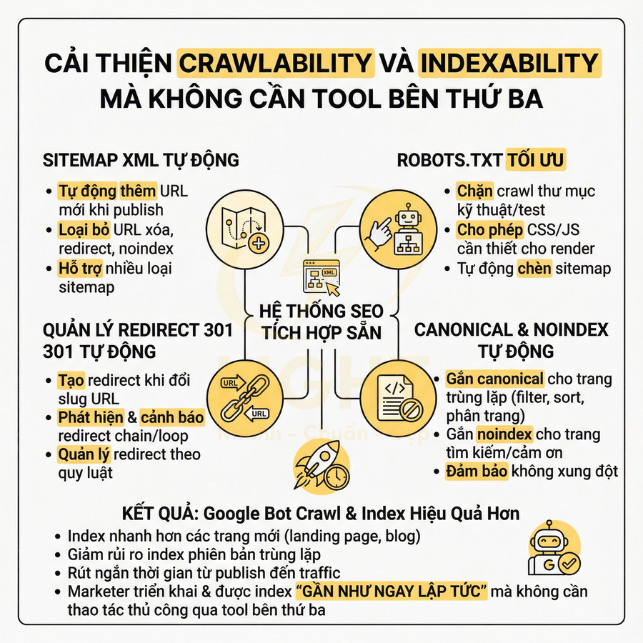 Infographic hướng dẫn cải thiện crawlability và indexability SEO với sitemap, robots.txt, redirect 301, canonical và noindex tự động