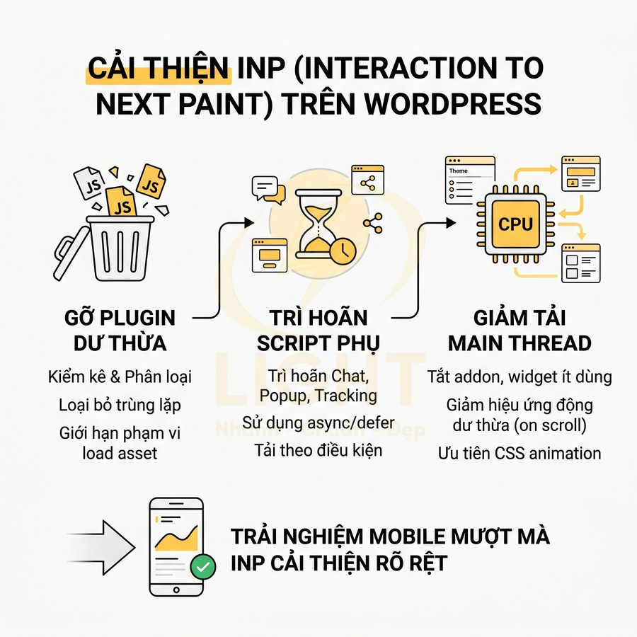 Hướng dẫn cải thiện chỉ số INP trên WordPress bằng gỡ plugin dư thừa, trì hoãn script phụ và giảm tải main thread