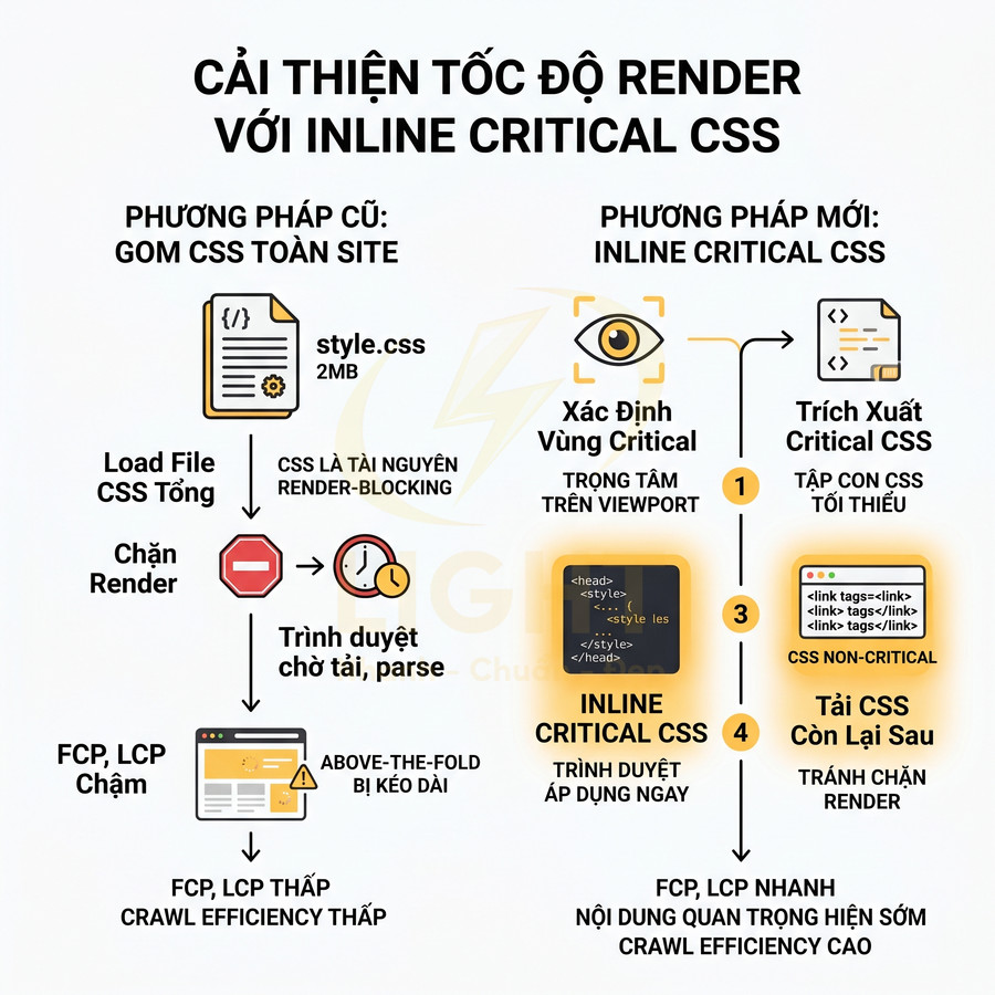 Sơ đồ so sánh phương pháp gom CSS toàn site với kỹ thuật inline critical CSS để tăng tốc độ render trang web