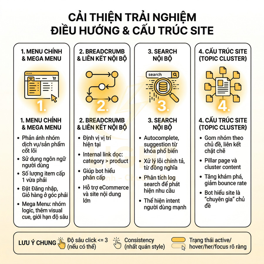Hướng dẫn cải thiện trải nghiệm điều hướng và cấu trúc site với menu chính, breadcrumb, search nội bộ và topic cluster