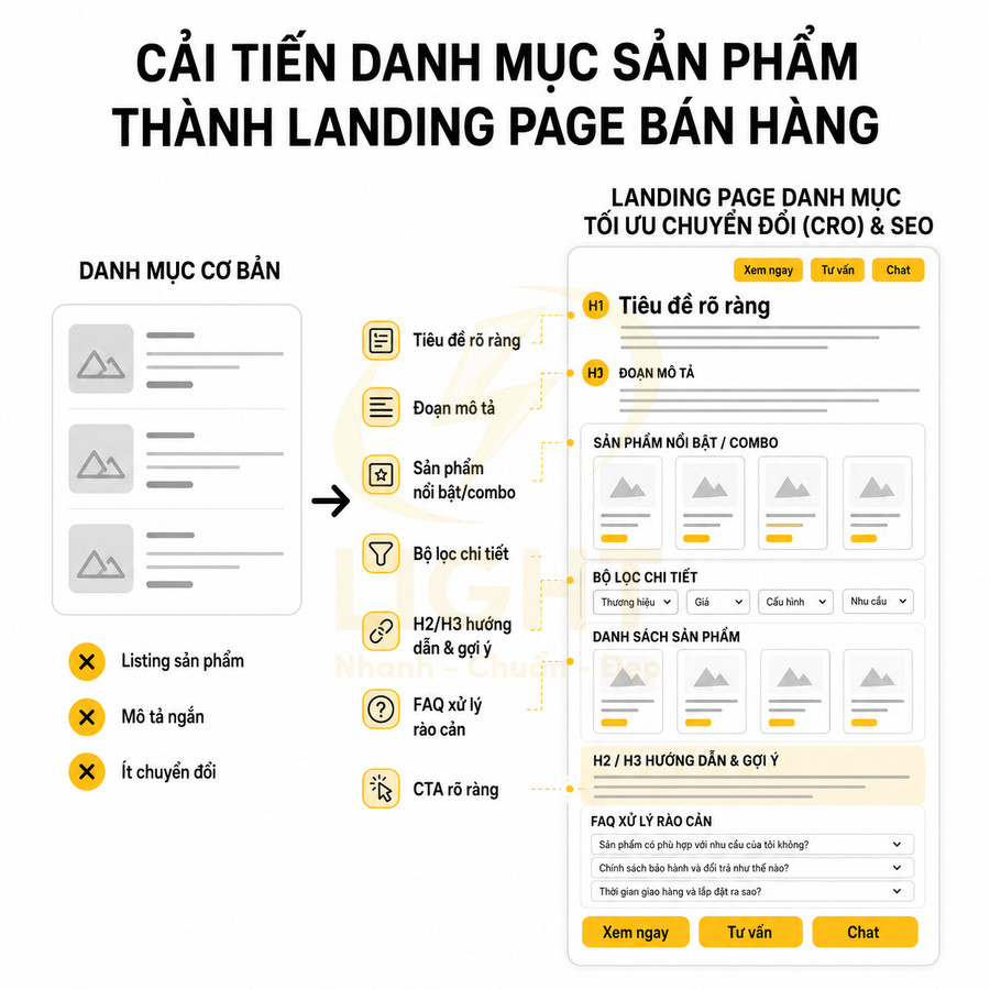 Mô hình tối ưu danh mục sản phẩm thành landing page bán hàng với tiêu đề rõ ràng, bộ lọc chi tiết và CTA nổi bật