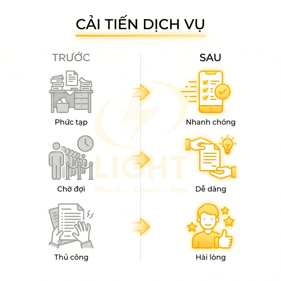 Minh họa quy trình dịch vụ cải tiến từ phức tạp, chờ đợi, thủ công sang nhanh chóng, dễ dàng và hài lòng