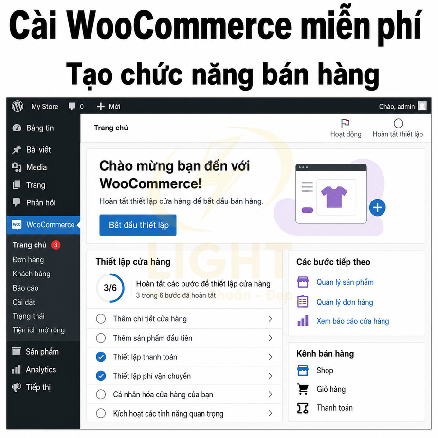 Giao diện cài đặt plugin WooCommerce miễn phí trên WordPress để tạo chức năng bán hàng online