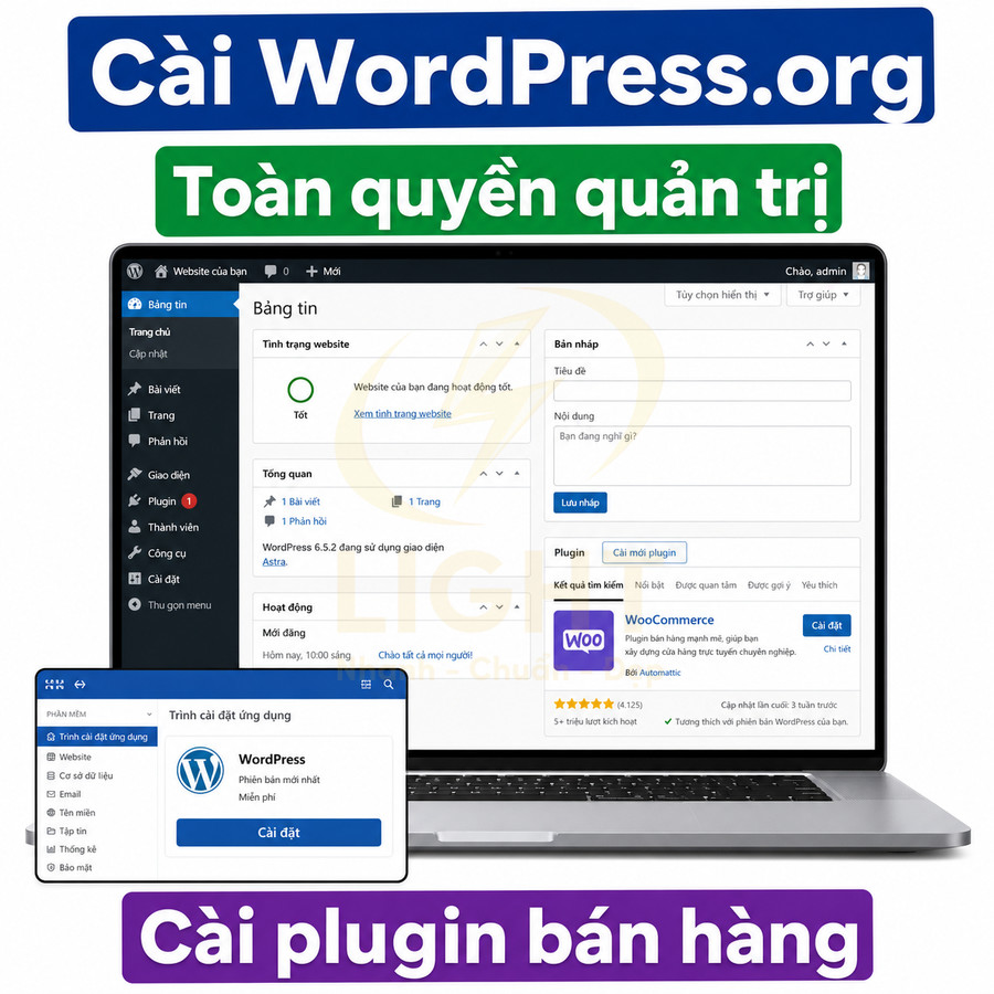 Màn hình laptop hiển thị giao diện quản trị WordPress.org và cài đặt plugin WooCommerce bán hàng