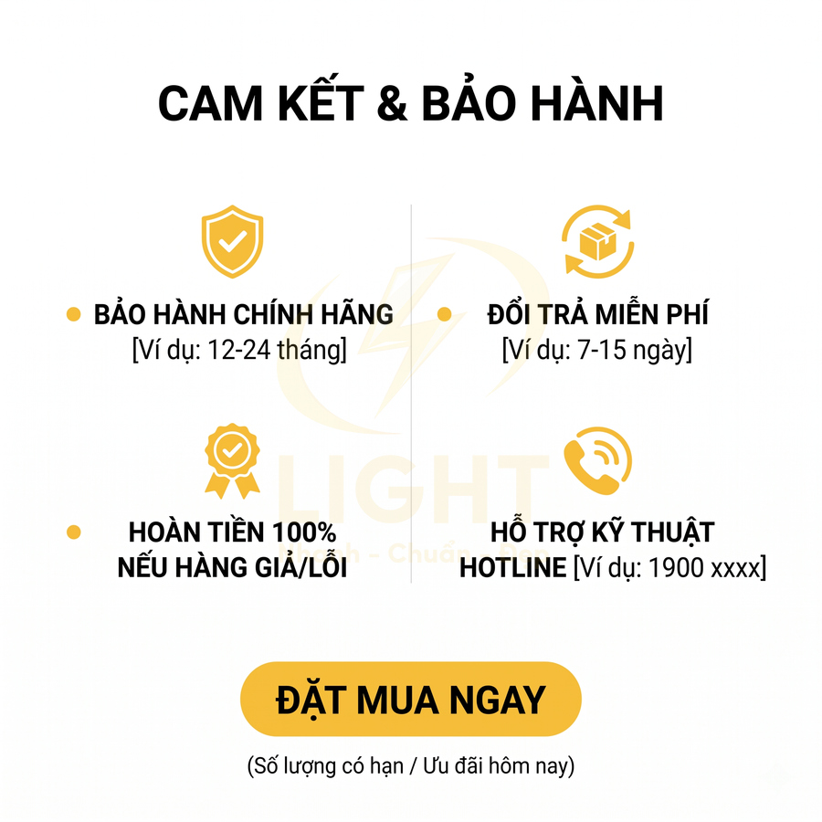 Chính sách bảo hành và cam kết sản phẩm: bảo hành chính hãng, đổi trả miễn phí, hoàn tiền, hỗ trợ kỹ thuật