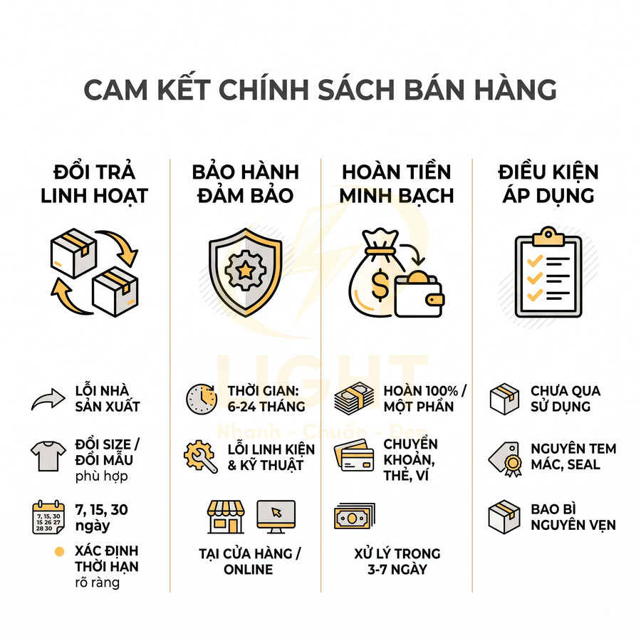 Chính sách bán hàng với cam kết đổi trả linh hoạt, bảo hành 6 24 tháng và hoàn tiền minh bạch