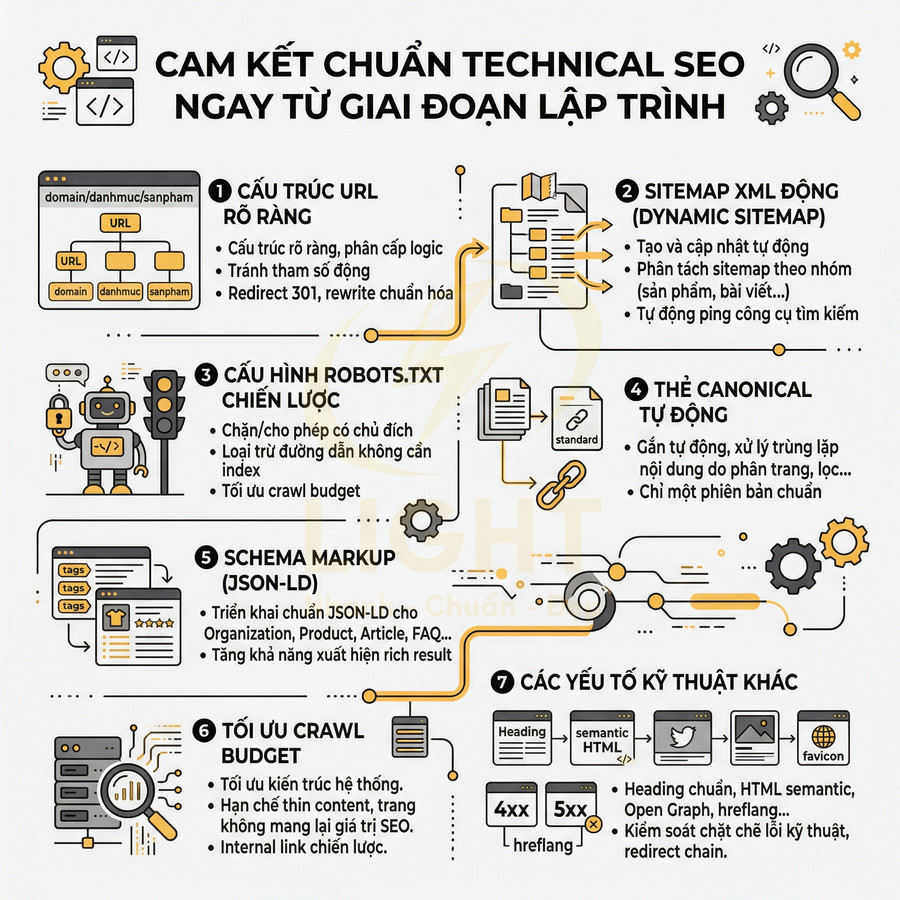 Infographic cam kết chuẩn technical SEO từ giai đoạn lập trình với 7 bước tối ưu website