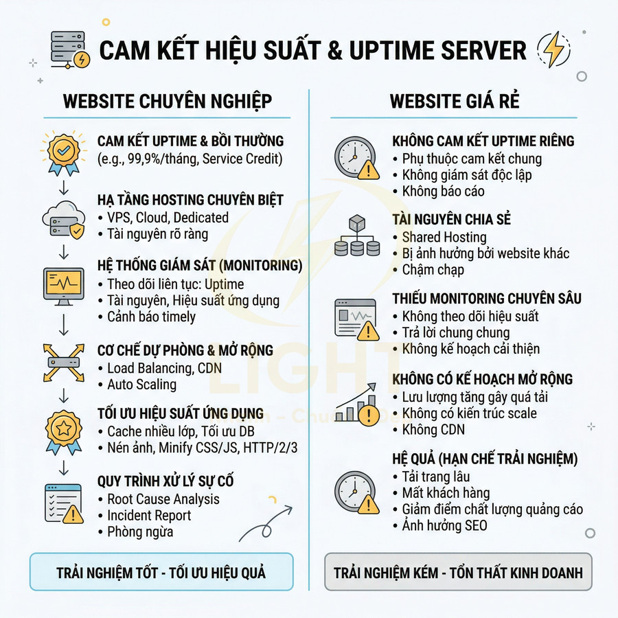 So sánh cam kết hiệu suất và uptime server giữa website chuyên nghiệp và website giá rẻ