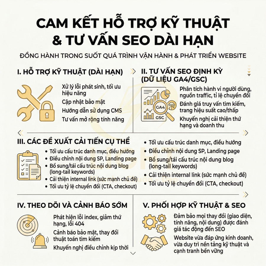 Cam kết hỗ trợ kỹ thuật và tư vấn SEO dài hạn cho website với các hạng mục tối ưu và theo dõi chi tiết
