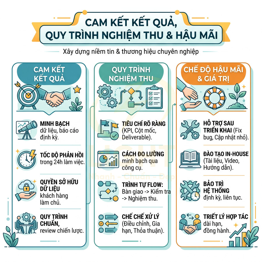 Infographic cam kết kết quả, quy trình nghiệm thu và chế độ hậu mãi dịch vụ marketing chuyên nghiệp