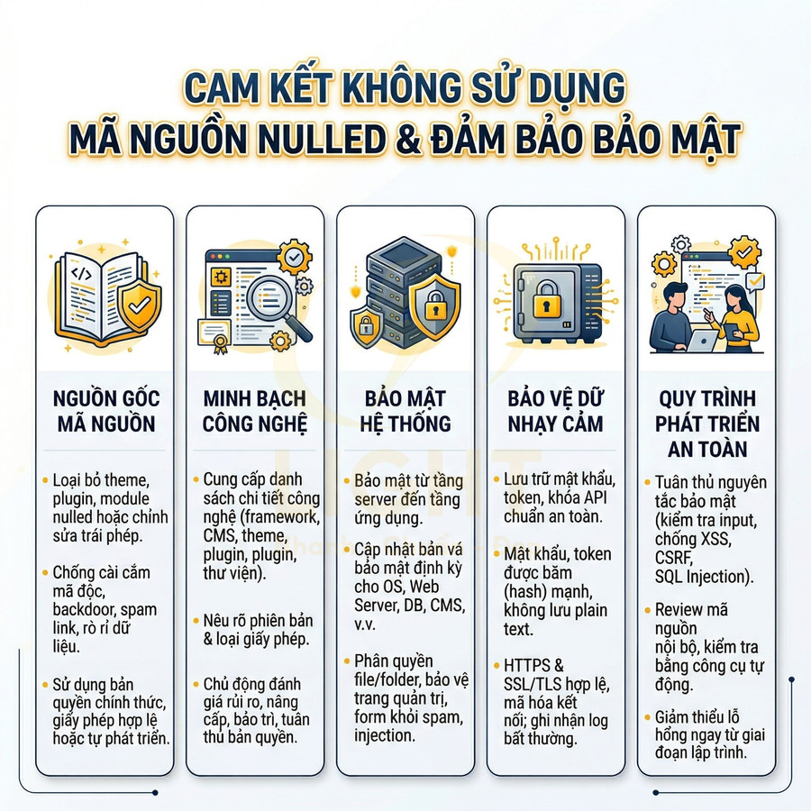 Cam kết không dùng mã nguồn nulled, đảm bảo bảo mật hệ thống và dữ liệu cho website, quy trình phát triển an toàn