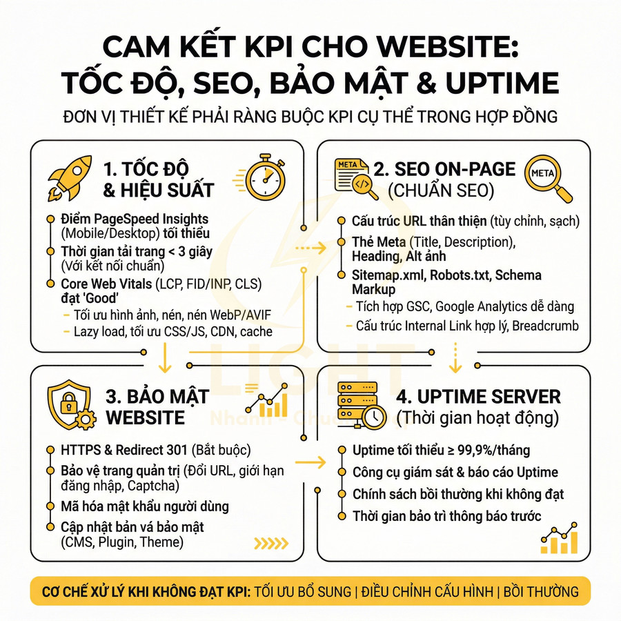 Infographic cam kết KPI cho website về tốc độ, SEO onpage, bảo mật và uptime server chi tiết bằng tiếng Việt