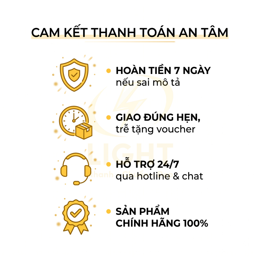 Cam kết thanh toán an tâm với hoàn tiền 7 ngày, giao đúng hẹn, hỗ trợ 24/7 và sản phẩm chính hãng 100%