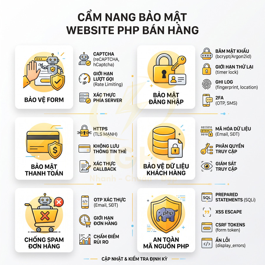 Cẩm nang bảo mật website PHP bán hàng với các bước bảo vệ form, đăng nhập, thanh toán, dữ liệu và mã nguồn