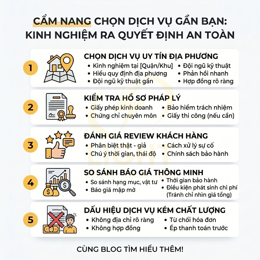 Cẩm nang 5 bước chọn dịch vụ gần bạn an toàn, mẹo kiểm tra uy tín, pháp lý, review, báo giá và dấu hiệu dịch vụ kém