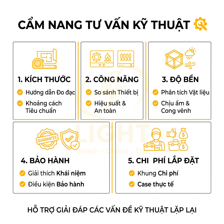 Cẩm nang tư vấn kỹ thuật về kích thước, công năng, độ bền, bảo hành và chi phí lắp đặt thiết bị
