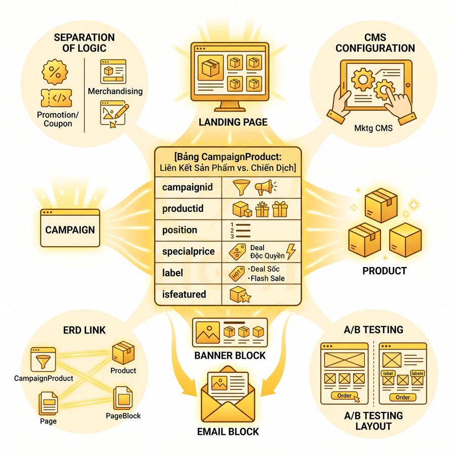 Sơ đồ liên kết sản phẩm với chiến dịch marketing trên landing page, banner và email block