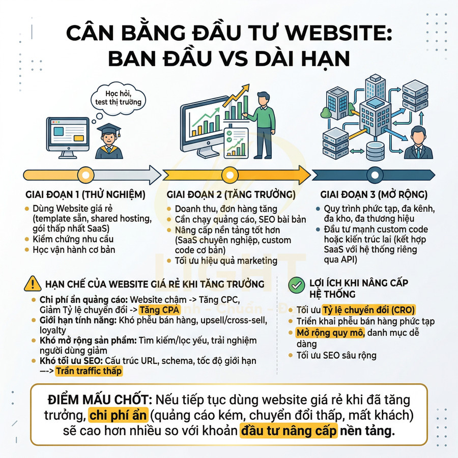 Infographic các giai đoạn đầu tư website từ thử nghiệm đến mở rộng và lợi ích nâng cấp hệ thống, tối ưu chi phí dài hạn