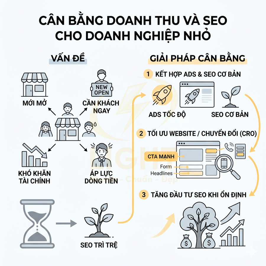 Mô hình cân bằng doanh thu và SEO cho doanh nghiệp nhỏ với vấn đề và giải pháp tối ưu website, ads và đầu tư SEO
