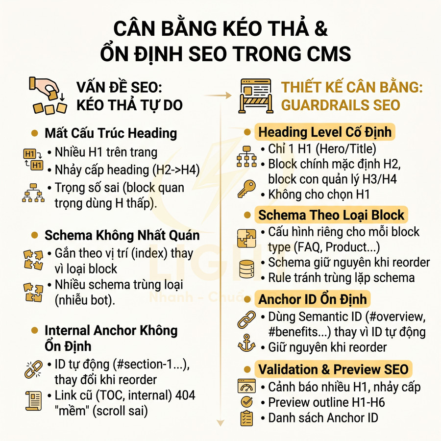 Infographic hướng dẫn cân bằng kéo thả và tối ưu cấu trúc heading, schema, anchor ID cho SEO trong CMS