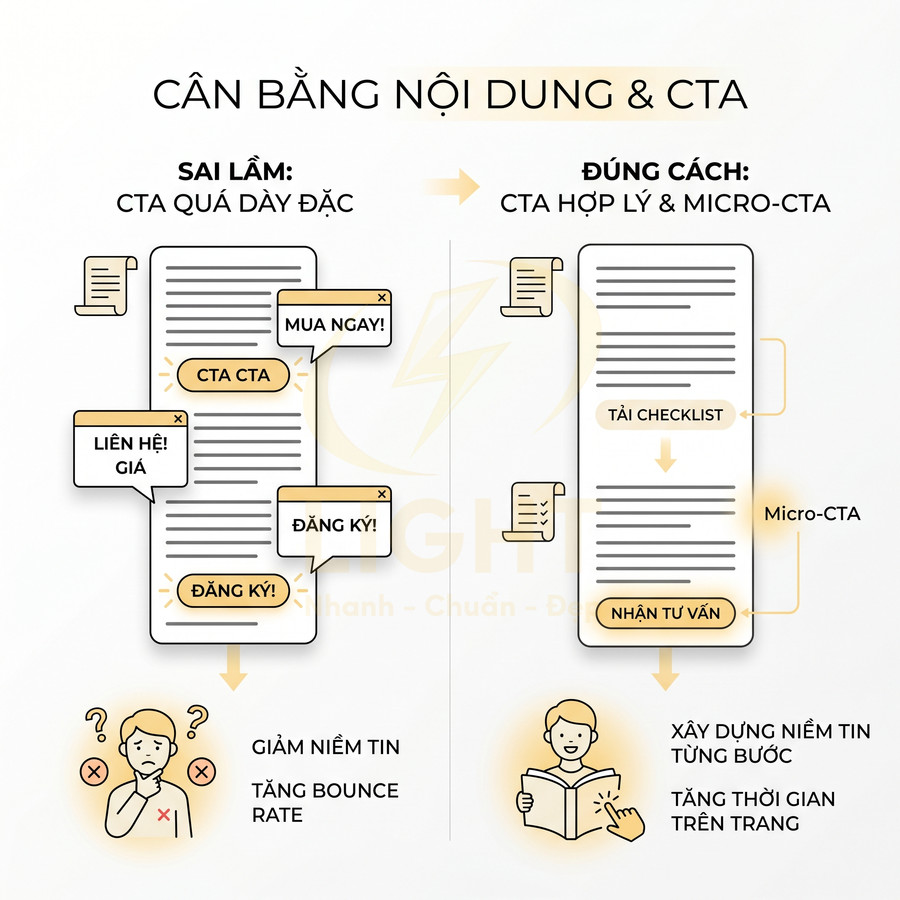 Minh họa so sánh bố cục nội dung với CTA dày đặc và CTA hợp lý giúp tăng niềm tin, giảm bounce rate